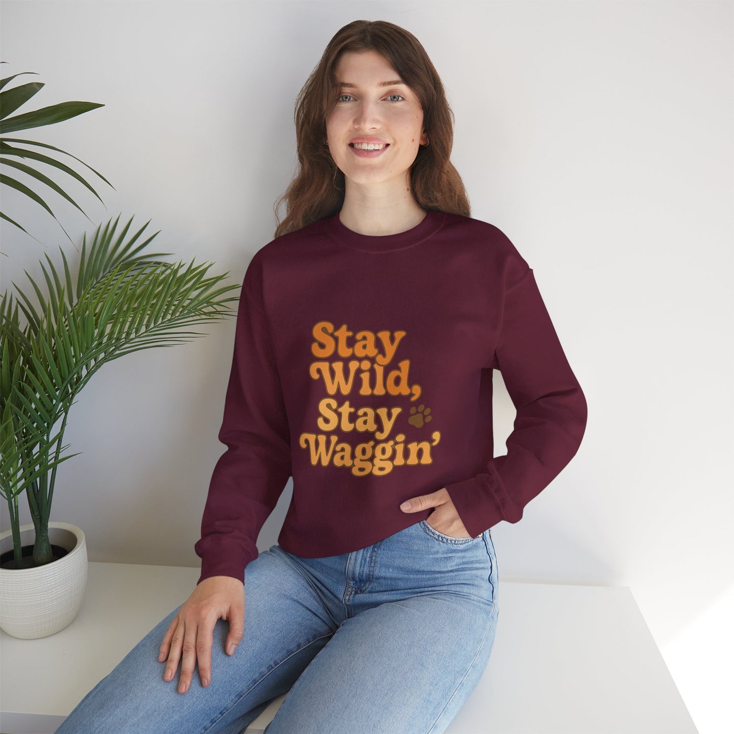 Stay Wild, Stay Waggin’ Crewneck Sweatshirt – Cozy Retro Dog Lover Gift
