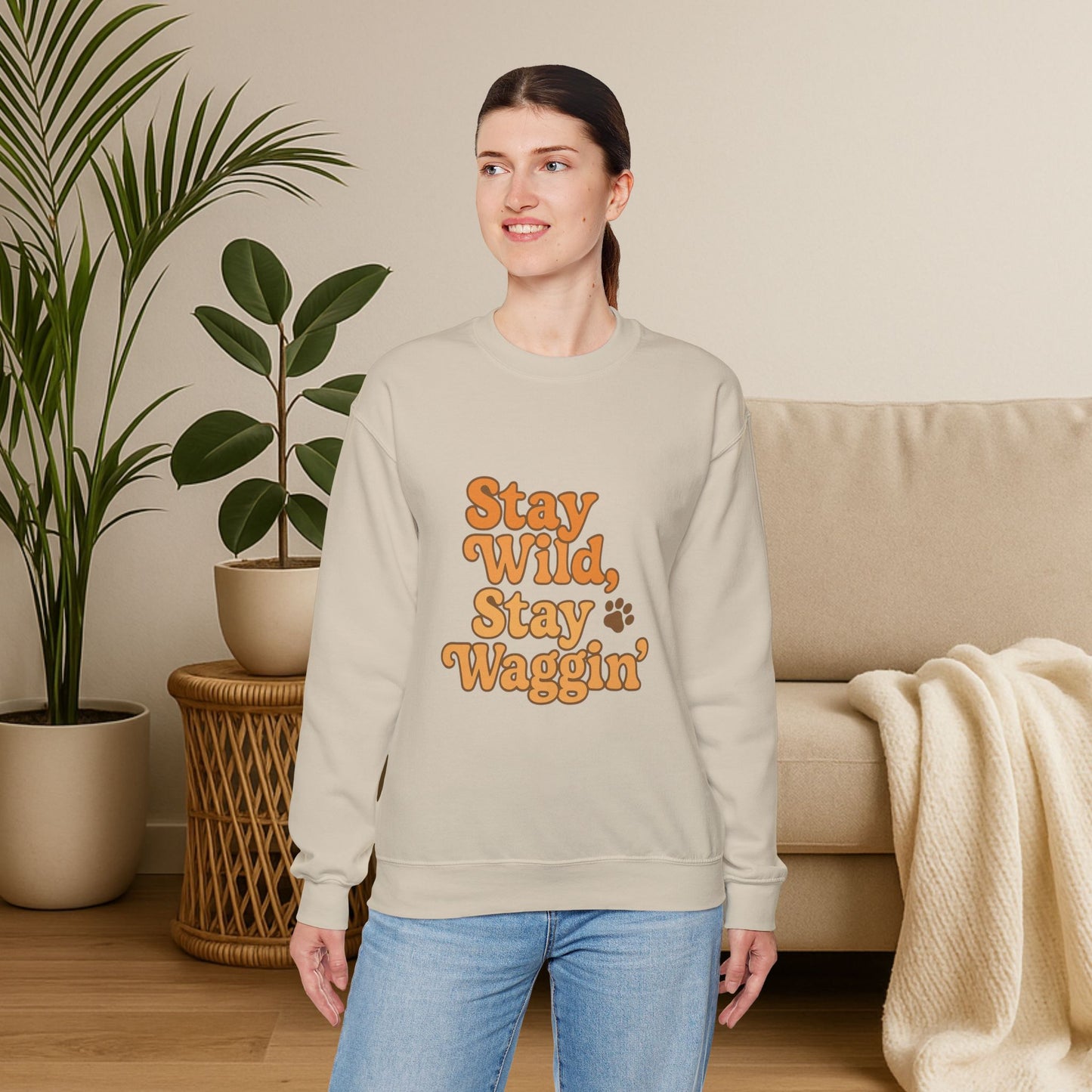 Stay Wild, Stay Waggin’ Crewneck Sweatshirt – Cozy Retro Dog Lover Gift