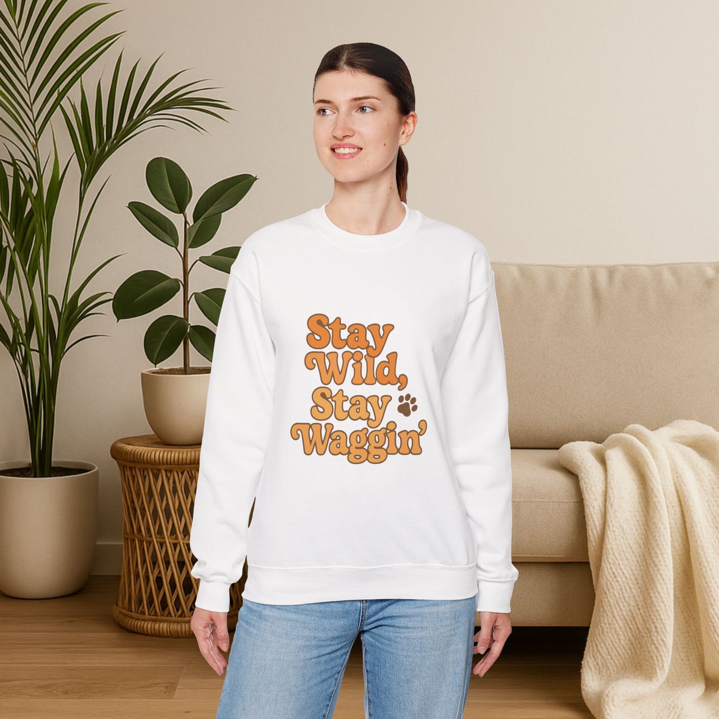 Stay Wild, Stay Waggin’ Crewneck Sweatshirt – Cozy Retro Dog Lover Gift
