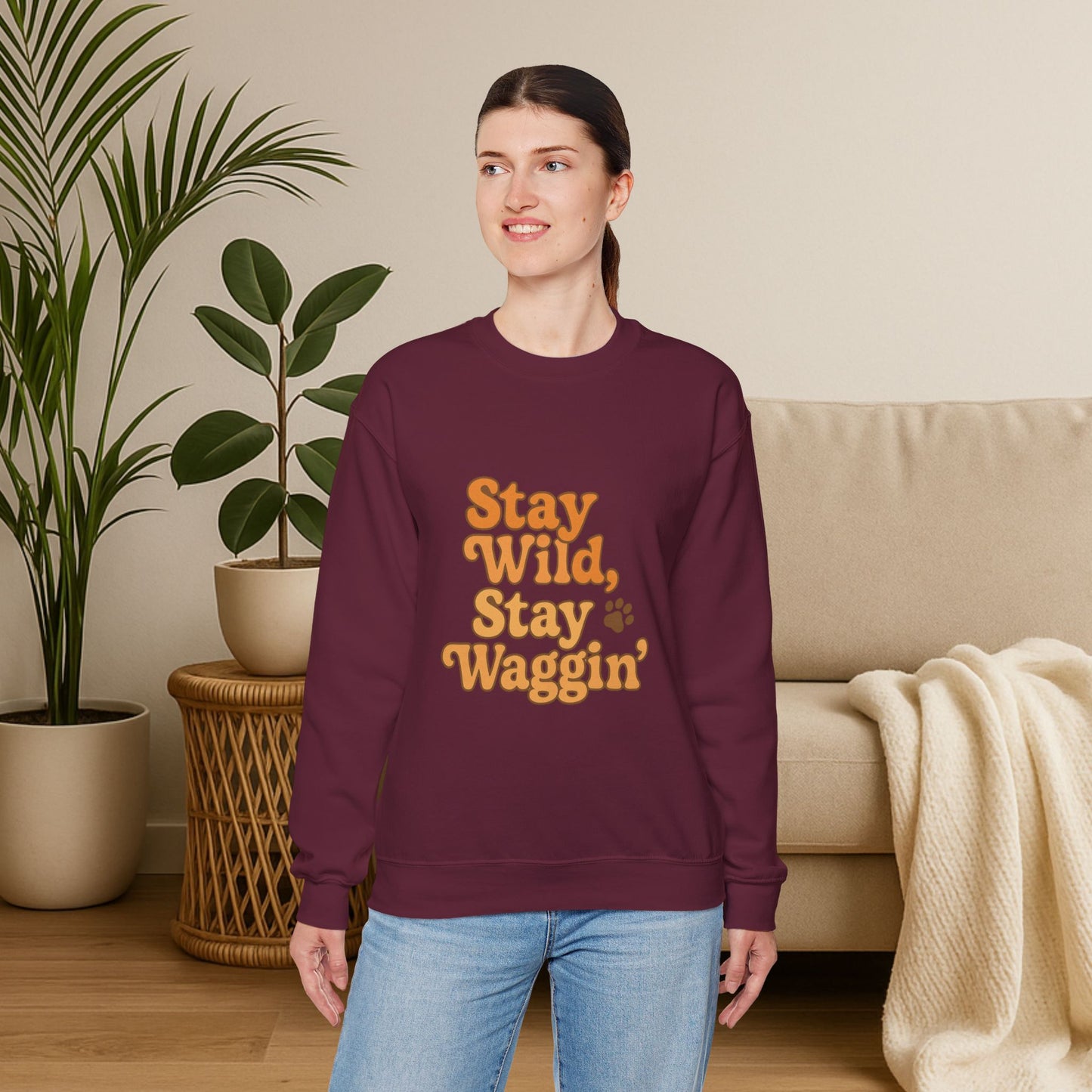 Stay Wild, Stay Waggin’ Crewneck Sweatshirt – Cozy Retro Dog Lover Gift