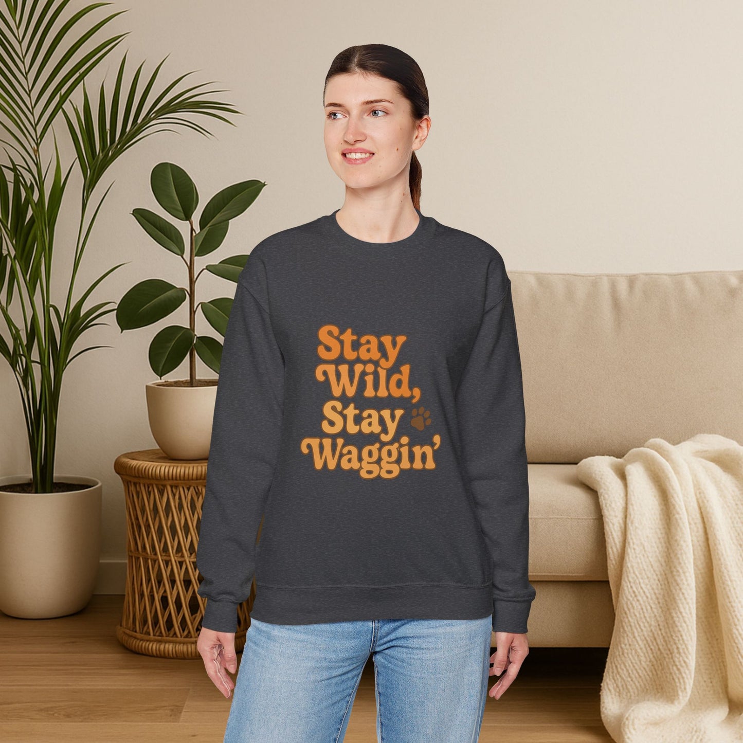 Stay Wild, Stay Waggin’ Crewneck Sweatshirt – Cozy Retro Dog Lover Gift