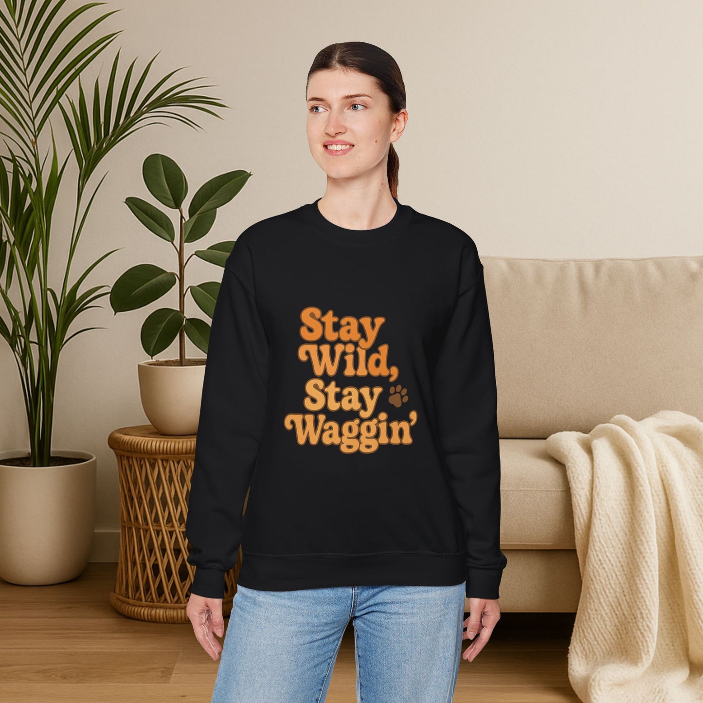 Stay Wild, Stay Waggin’ Crewneck Sweatshirt – Cozy Retro Dog Lover Gift