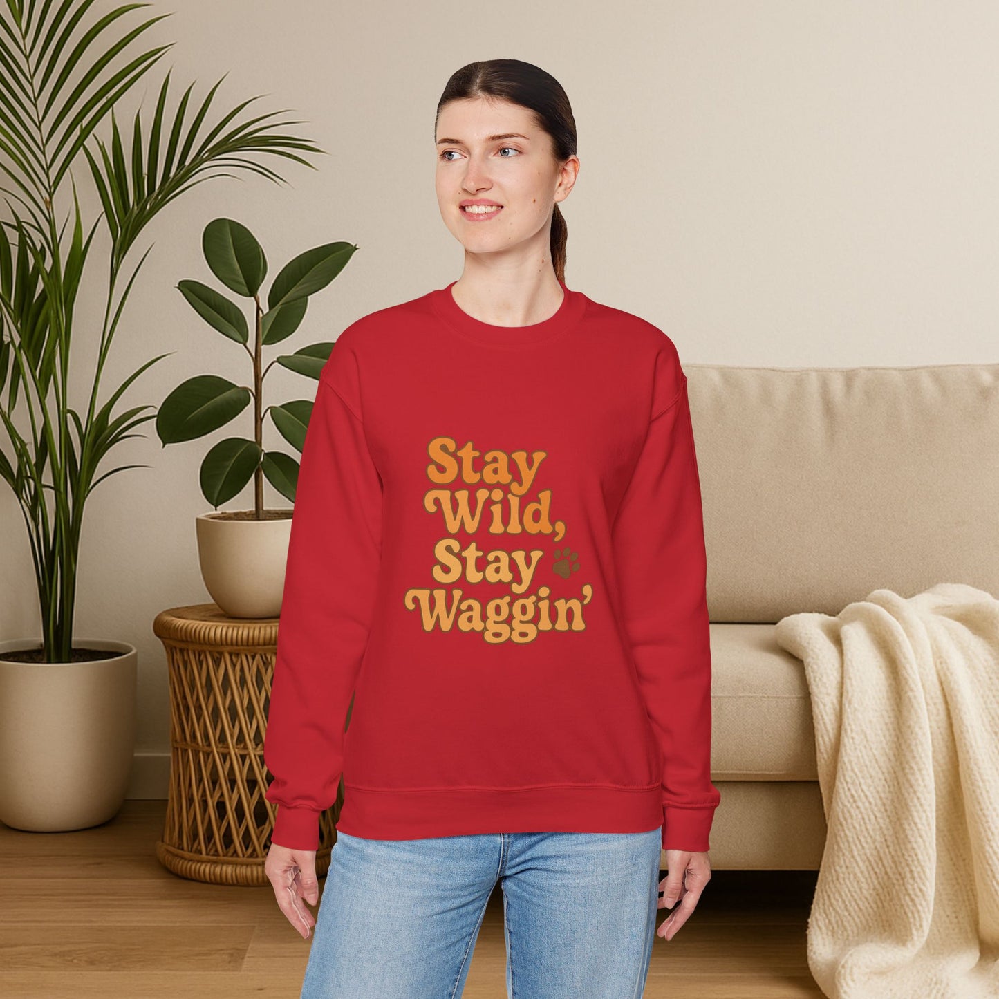 Stay Wild, Stay Waggin’ Crewneck Sweatshirt – Cozy Retro Dog Lover Gift