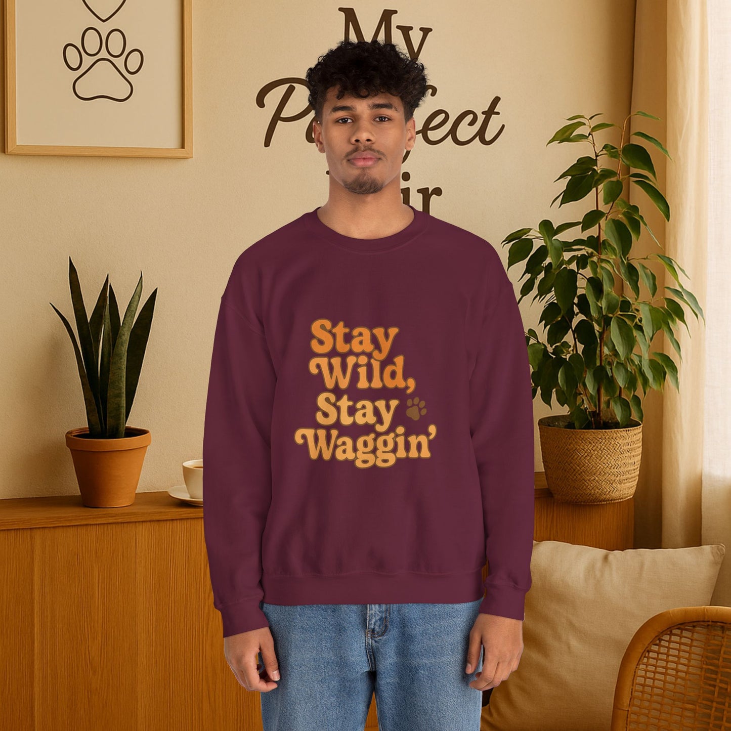 Stay Wild, Stay Waggin’ Crewneck Sweatshirt – Cozy Retro Dog Lover Gift